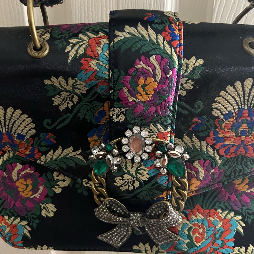 Aldo Black Floral Jacquard Top-Handle Bag with Jewel Bow Accent -